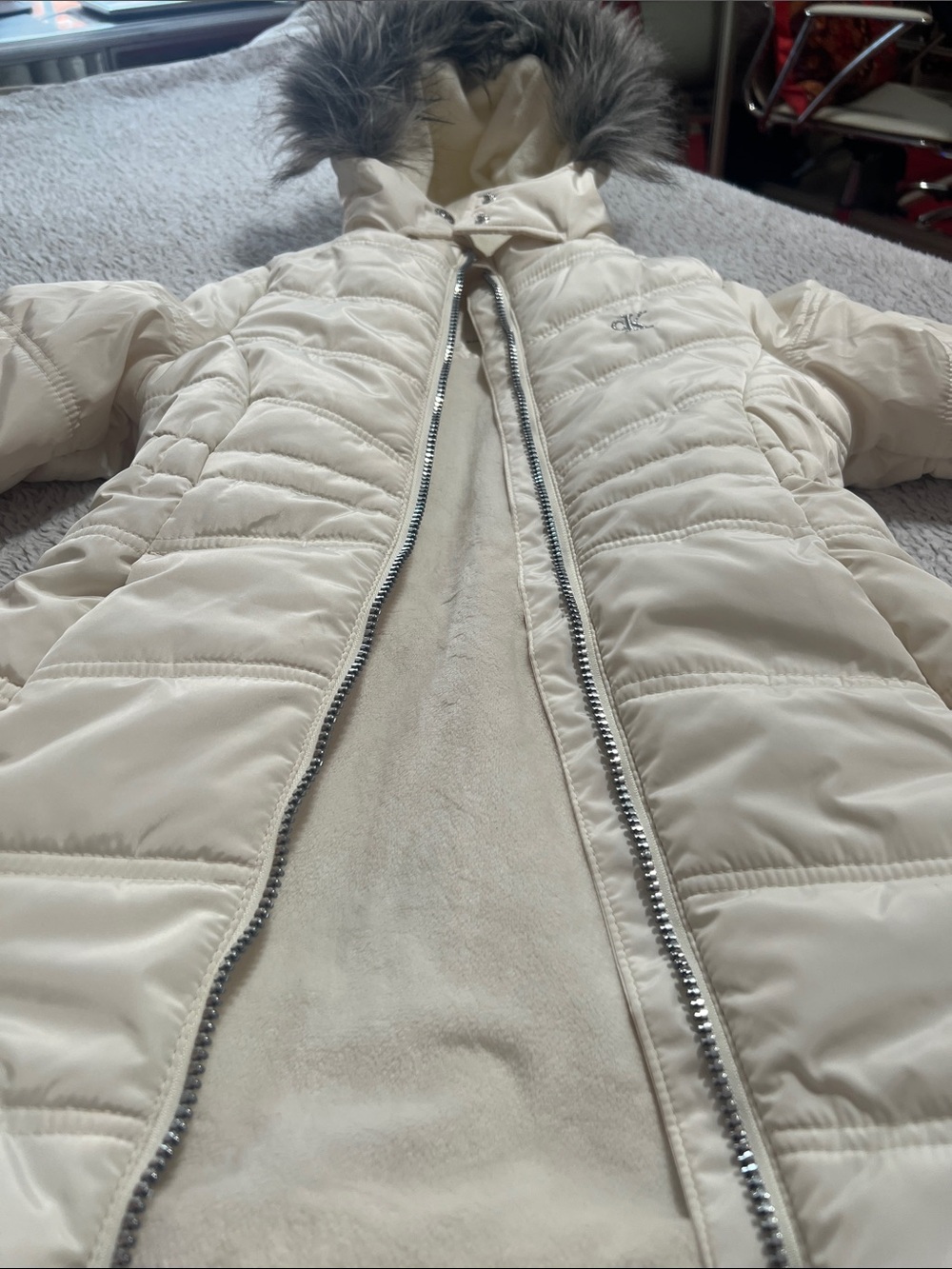 Calvin Klein Cream Quilted Hooded Puffer with Faux Fur Trim